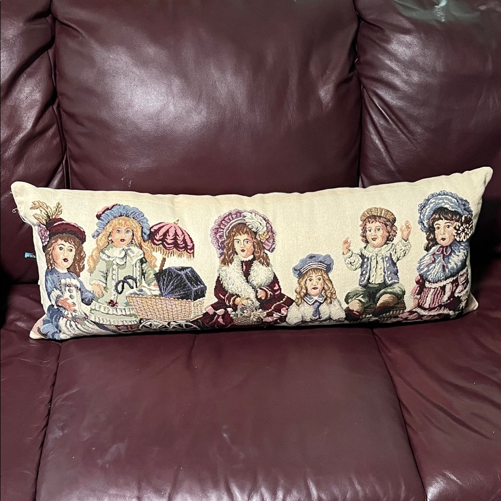Vintage Style Tapestry Pillow with Dolls